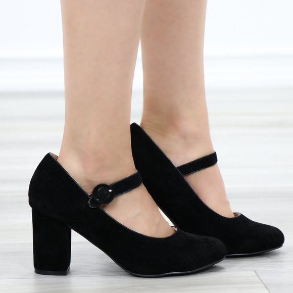 Cute Black Faux Suede Chunky Heel Pumps - Picture 12 of 13